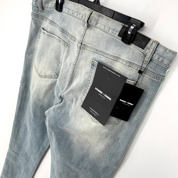 Homme + Femme NEW Tesla Skinny Blue Jeans Sz 40 Green Pink Gradient Logo Ribbon - Picture 7 of 10